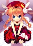  adapted_costume bed blue_eyes braid bunny gloves hat himukai_kyousuke long_hair lyrical_nanoha mahou_shoujo_lyrical_nanoha mahou_shoujo_lyrical_nanoha_a's red_hair sitting solo stuffed_animal stuffed_bunny stuffed_toy twin_braids vita 