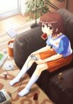  brown_eyes brown_hair cellphone copyright_request couch food food_in_mouth game_console hyuuga_azuri juice_box kneehighs mouth_hold phone plate playing_games sitting socks solo spoon super_famicom toast toast_in_mouth video_game 