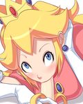  1girl :&gt;= banana blonde_hair blue_eyes blush crown dress earrings elbow_gloves eye_contact fellatio food fruit gloves hand_on_own_head hat jewelry long_hair looking_at_another nintendo oral peach pov princess princess_peach sawao sexually_suggestive solo super_mario_bros. 