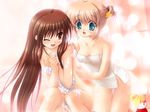  ahoge bath bathing blonde_hair blush brown_hair covering game_cg green_eyes hair_ornament hinoue_itaru impossible_towel kamikita_komari little_busters! long_hair multiple_girls na-ga naked_towel natsume_rin nude_cover one_eye_closed red_eyes soap towel 