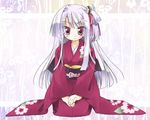  blush copyright_request hair_bobbles hair_ornament hair_ribbon japanese_clothes kimono long_hair nekono_osero obi purple_hair red_eyes ribbon sash seiza sitting solo 