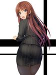  ass blush brown_hair formal glasses highres ishii_akira jacket long_hair looking_back open_mouth original pantyhose pantylines pencil_skirt pinstripe_pattern skirt skirt_suit solo striped suit tight 