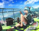  aqua_eyes aqua_hair bare_legs barefoot beamed_eighth_notes blue_sky book bubble_blowing cellphone chain-link_fence chewing_gum day digital_piano feet fence floating_hair flying_paper guitar hatsune_miku headphones igarashi_youhei instrument leg_up legs long_hair long_legs musical_note on_floor paper petals phone piano quarter_note scenery school_uniform sheet_music shoes single_shoe sitting skirt sky sock_pull solo speaker thighs twintails vocaloid wind 