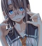  backlighting bandaid bandaid_on_face bandaid_on_finger bandaid_on_forehead bangs blue_eyes blush brown_hair collarbone face freckles glasses hands highres lips long_hair looking_at_viewer md5_mismatch mole mole_under_eye original removing_eyewear revision sakuya_tsuitachi school_uniform serafuku solo 