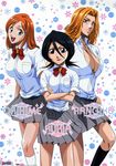  absurdres artist_request black_hair bleach blonde_hair blue_eyes breasts cleavage crossed_arms hair_ornament hairclip happy highres inoue_orihime kuchiki_rukia large_breasts long_hair matsumoto_rangiku miniskirt mole mole_under_mouth multiple_girls official_art open_mouth orange_hair ribbon school_uniform skirt socks 