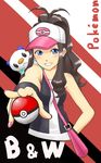  :&lt; ahoge bag baseball_cap black_hair blue_eyes gen_5_pokemon hat holding holding_poke_ball nail_polish oshawott pink_nails poke_ball poke_ball_(generic) pokemon pokemon_(creature) pokemon_(game) pokemon_bw ponytail saty-rokuji smile tank_top touko_(pokemon) vest wristband 