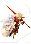 1girl :/ :d absurdres ahoge al-fin albino blonde_hair boots closed_mouth dress gloves highres holding holding_sword holding_weapon itou_noiji jin_(shining_force_feather) left-handed locked_arms long_hair looking_at_viewer messy_hair official_art open_mouth over_shoulder red_eyes red_gloves scan shining_(series) shining_force_feather shorts smile spiked_hair standing sword sword_over_shoulder weapon weapon_over_shoulder white_dress white_hair 