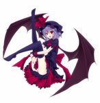  :d ahoge blue_dress blue_hair demon_wings detached_sleeves dress eyebrows_visible_through_hair full_body hair_between_eyes highres kiyomin lace-trimmed_sleeves looking_at_viewer open_mouth panties pantyshot purple_eyes red_ribbon remilia_scarlet ribbon short_hair simple_background smile solo touhou underwear white_background white_panties wings wrist_cuffs 