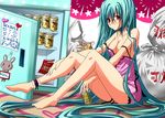  alcohol aqua_hair bad_feet barefoot beer breasts camisole can cleavage engrish feet hatsune_miku legs long_hair medium_breasts poruneko ranguage red_eyes refrigerator sitting solo strap_slip trash trash_bag very_long_hair vocaloid 