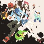  1girl bad_id bad_pixiv_id baseball_cap blue_eyes boots brown_eyes brown_hair denim denim_shorts gen_5_pokemon hat highres holding holding_poke_ball oshawott pants poke_ball pokemon pokemon_(creature) pokemon_(game) pokemon_bw ponytail rei_(x829) shoes shorts sneakers snivy tank_top tepig touko_(pokemon) touya_(pokemon) vest 