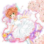  asymmetrical_clothes brown_hair cardcaptor_sakura cherry_blossoms choker dress flower foreshortening green_eyes highres hoshi_no_tsue kinomoto_sakura magical_girl mari_(little_crown) object_namesake pink_choker short_hair solo star star_choker wand 