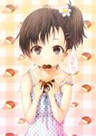  bra_strap brown_eyes brown_hair checkered checkered_background choco_pie cookie dress eating food food_in_mouth hair_ornament hairclip highres hyuuga_azuri original polka_dot polka_dot_dress side_ponytail solo strap_slip unmoving_pattern upper_body 