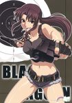  absurdres aiming_at_viewer black_lagoon brown_eyes brown_hair cigarette collarbone cutoffs denim denim_shorts dual_wielding fingerless_gloves gloves gun highres holding holding_gun holding_weapon koutaro midriff navel ponytail revy_(black_lagoon) short_shorts shorts smoke smoking smoking_gun solo tank_top tattoo weapon 