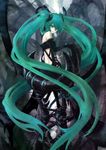  bad_id bad_pixiv_id bare_shoulders black_rock_shooter black_rock_shooter_(character) black_rock_shooter_(character)_(cosplay) boots cosplay elbow_gloves from_behind gloves green_eyes green_hair hatsune_miku highres long_hair looking_back shanpao sitting solo twintails very_long_hair vocaloid 
