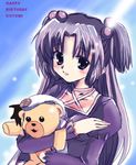  blue_hair clannad hair_bobbles hair_ornament ichinose_kotomi kurumi_rumi long_hair purple_eyes solo stuffed_animal stuffed_toy teddy_bear two_side_up 