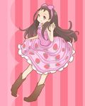  boots brown_eyes brown_hair dress food fruit idolmaster idolmaster_(classic) long_hair minase_iori solo strawberry yayakoshiya 