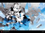  alice_margatroid asakura_masatoki blue blue_eyes broken_glass capelet character_name day dress from_above glass hairband highres looking_up obi partially_colored rain sad sash shatter short_hair sky solo standing touhou 