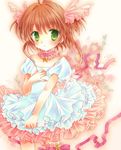  bad_id bad_pixiv_id brown_hair cardcaptor_sakura cherry_blossoms choker dress flower frills green_eyes kinomoto_sakura pink_choker puu_(kari---ume) solo star star_choker twintails 