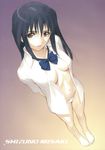  barefoot black_hair breasts collarbone feet highres knees legs lipstick long_hair makeup medium_breasts misaki_shizuno navel no_bra open_clothes open_shirt panties purple_eyes shirt solo standing tanaka_takayuki thighs underwear white_panties zegapain 