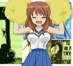  animated animated_gif asahina_mikuru bangs bouncing_breasts breasts breasts_apart cheerleader closed_eyes cowboy_shot dual_wielding gif_artifacts holding hourglass large_breasts lowres math open_mouth outstretched_arms pleated_skirt pom_poms raised_eyebrows screencap skirt solo suzumiya_haruhi_no_yuuutsu tank_top tears wince 