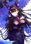  1girl absurdres bangs black_dress breasts brown_hair closed_mouth double_bun dress fate/grand_order fate_(series) frills greem_bang hair_between_eyes hair_ornament hand_in_hair hand_on_own_chest highres huge_filesize large_breasts long_hair long_sleeves looking_at_viewer murasaki_shikibu_(fate) puffy_sleeves purple_eyes simple_background solo umbrella very_long_hair white_background 