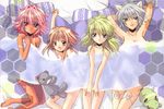  .hack//tasogare_no_udewa_densetsu 4girls animal_ears armpits blonde_hair blue_eyes brown_hair clenched_hand dark_skin earrings fang feet grunty highres hotaru_(.hack//) izumi_rei jewelry kneeling kunisaki_rena lineup mireille_(.hack//) multiple_girls nude orange_eyes ouka_(.hack//) pink_eyes pink_hair puchiguso raised_fist short_hair silver_hair smile stuffed_animal stuffed_toy tattoo teddy_bear towel wolf_ears yellow_eyes 