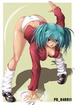  ass blush breasts cleavage downblouse green_eyes green_hair highres ikkitousen large_breasts loose_socks no_bra panties ryofu_housen school_uniform shinozuka_jouji socks solo top-down_bottom-up underwear 