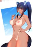  1girl absurdres animal_ears areolae bangs bikini_tan black_hair black_nails blue_eyes borrowed_character breasts eating eyebrows_visible_through_hair fang food hand_on_hip highres hip_focus large_breasts long_hair looking_at_viewer nail_polish nipples nude open_mouth original paid_reward patreon_reward ponytail popsicle pussy solo standing tail tan tanline tofuubear wolf_ears wolf_tail 