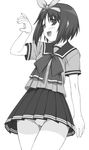  greyscale highres kamigishi_akari monochrome ribbon school_uniform shichimenchou short_hair skirt solo to_heart 