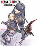  armor belt black_eyes black_lipstick blade breasts cleavage cleavage_cutout downblouse dual_wielding elbow_gloves eyeshadow fantasy from_above gloves gypceros_(armor) hairband helmet holding kenzy large_breasts lipstick looking_at_viewer looking_back looking_up makeup monster_hunter monster_hunter_portable_2nd panties shoes signature smile solo standing strap sword thighhighs thighs tiptoes turtleneck underwear weapon white_legwear white_panties 