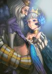  1girl armor armored_dress blue_eyes blush boots choker crown dress elbow_gloves father_and_daughter gloves gwendolyn hat highres multicolored multicolored_wings odin_(odin_sphere) odin_sphere panties size_difference strapless strapless_dress thigh_boots thighhighs underwear white_hair wings youkai_ankake 