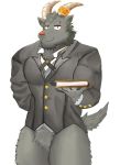  :3 black_fur bottomless bovid butler caprine clothed clothing edogast featureless_crotch fur goat horn male mammal muscular muscular_male salomonkun smile smirk suit tokyo_afterschool_summoners video_games 