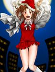  arms_up blush brown_hair christmas city fangs full_moon hat knees_together_feet_apart kuroi looking_at_viewer miniskirt moon neck_ribbon night open_mouth panties pantyshot pleated_skirt red_eyes ribbon sack santa_hat skirt solo tsukihime twintails underwear vampire vest yumizuka_satsuki 