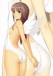  angel_wings arms_behind_back ass back blush breasts casual_one-piece_swimsuit covered_nipples from_behind grey_eyes grey_hair hands_clasped highres long_hair looking_back non-web_source one-piece_swimsuit own_hands_together scan small_breasts solo swimsuit tanaka_takayuki thighs white_swimsuit wings zoom_layer 