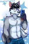  2014 abs biceps black_hair black_nose bone bracelet canid canine canis clothing eyewear fur glasses gloves grey_fur hair handwear hi_res jeans jewelry kazemaru looking_at_viewer male mammal muscular muscular_male pants pecs simple_background teeth vent-kazemaru wolf yellow_eyes 