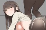  1girl bent_over blush breasts brown_hair brown_legwear clothes_lift commentary_request cum cum_on_ass cum_on_body cum_on_upper_body eyebrows_visible_through_hair from_side large_breasts long_hair looking_at_viewer nora_higuma original panties panties_under_pantyhose pantyhose parted_lips ribbed_sweater sideboob single_sidelock sweatdrop sweater sweater_lift underwear yellow_eyes 
