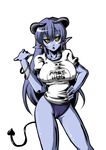  astaroth_(shinrabanshou) black_sclera blue_hair blue_skin breasts buruma clothes_writing earrings free_hugs gym_uniform heart heart_earrings horns huge_breasts jewelry long_hair pointy_ears shinrabanshou solo tail yellow_eyes 