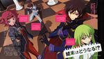  2girls absurdres bangs blue_eyes bodysuit c.c. cape code_geass flipped_hair green_hair highres kallen_stadtfeld kururugi_suzaku lelouch_lamperouge multiple_boys multiple_girls official_art order_of_the_black_knights_uniform pilot_suit scan skin_tight tabata_hisayuki 