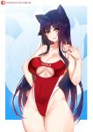  1girl absurdres ahri animal_ears artist_name bare_arms black_hair blush breasts cameltoe center_opening cleavage clothes_writing covered_navel cowboy_shot fox_ears fox_girl groin hand_on_hip highleg highres large_breasts league_of_legends looking_at_viewer one-piece_swimsuit paid_reward patreon_reward red_swimsuit slit_pupils smile solo swimsuit tofuubear yellow_eyes 