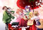  animal_ears bell boots brown_eyes brown_hair cherry_blossoms flowers futatsuiwa_mamizou glasses hieda_no_akyu japanese_clothes koma_midori long_hair miko motoori_kosuzu petals purple_eyes purple_hair red_eyes short_hair socks tagme_(character) tail touhou twintails umbrella 