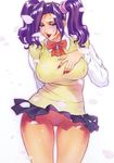  breasts cherry_blossoms copyright_request curvy dv highres huge_breasts lipstick makeup motchie no_panties purple_hair pussy ribbon school_uniform skirt skirt_lift solo sweat twintails wind 