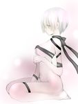  barefoot breasts grey_eyes highres large_breasts no_bra no_panties original ribbon saibashi solo white_hair 