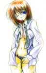  lyrical_nanoha mahou_shoujo_lyrical_nanoha_strikers mouth_hold open_clothes open_shirt panties shirt solo underwear yagami_hayate zinno 