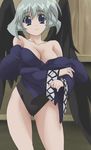  antenna_hair black_wings blue_eyes breasts cleavage highres kamyu large_breasts leotard screencap short_hair silver_hair smile solo stitched thighs third-party_edit undressing utawareru_mono wings 