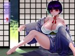  bad_feet barefoot breasts chichi_kurage_ss cleavage copyright_request huge_breasts japanese_clothes kimono nail_polish purple_hair red_eyes red_nails short_hair solo 