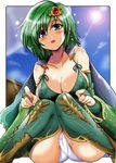  blush breasts cameltoe cape cleavage detached_sleeves final_fantasy final_fantasy_iv green_hair large_breasts panties purple_eyes rydia solo thighhighs underwear yasakani_an 