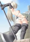  arched_back ass axe bad_anatomy bikini boots castle day elbow_gloves flexible gloves hairband kourourin leaning_back long_hair micro_bikini original solo swimsuit thigh_boots thighhighs thong_bikini weapon 