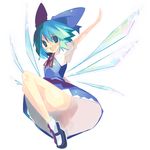  &gt;:) :d aqua_hair blue_dress blue_eyes blue_hair bow cirno dress full_body hair_bow jumping kanikama mary_janes open_mouth outstretched_arms shoes short_hair simple_background smile solo spread_arms touhou upskirt v-shaped_eyebrows wings 