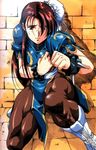  brown_hair bun_cover china_dress chinese_clothes chun-li dress hair_bun hair_half_undone knees legs muscle muscular_female pantyhose pelvic_curtain scared solo street_fighter thighs urushihara_satoshi 