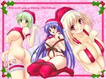  ass blonde_hair blue_hair blush bottomless breasts christmas cleavage green_eyes green_hair hat huge_breasts long_hair multiple_girls naked_ribbon nanakorobi_yaoki naughty_face no_panties original recursion ribbon santa_hat sideboob thighhighs thighs underboob 